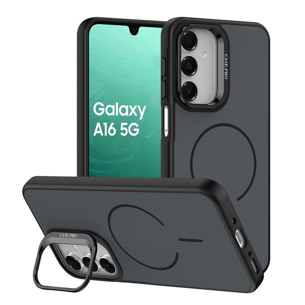 Samsung A16 / A17 / A26 Suojakuori (TPU + PC, linssin kehyksell&auml; ja jalustalla) - Musta