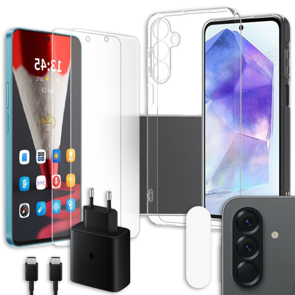 S&auml;&auml;st&auml; 18% - Samsung A56 Panssarilasi 2kpl + Kameran panssarilasi + TPU + Laturi 45W -tuotepaketti