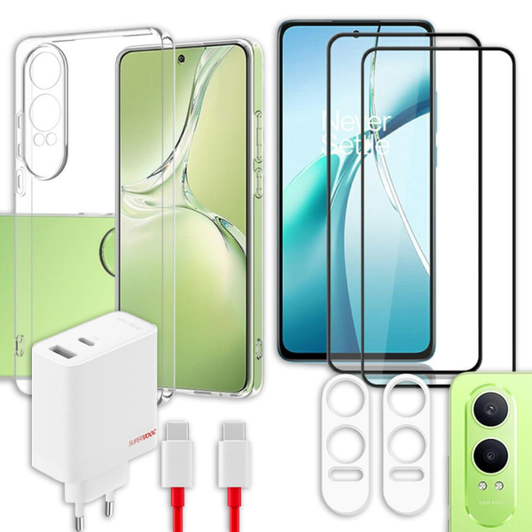 S&auml;&auml;st&auml; yli 18% - OnePlus Nord CE 4 Lite Panssarilasi  2kpl + Kameran panssarilasi 2kpl + Laturi 80W -tuotepaketti