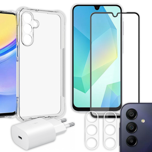 S&auml;&auml;st&auml; 20% - Samsung A16 Panssarilasi + Kameran panssarilasi 2kpl + TPU + Laturi -tuotepaketti