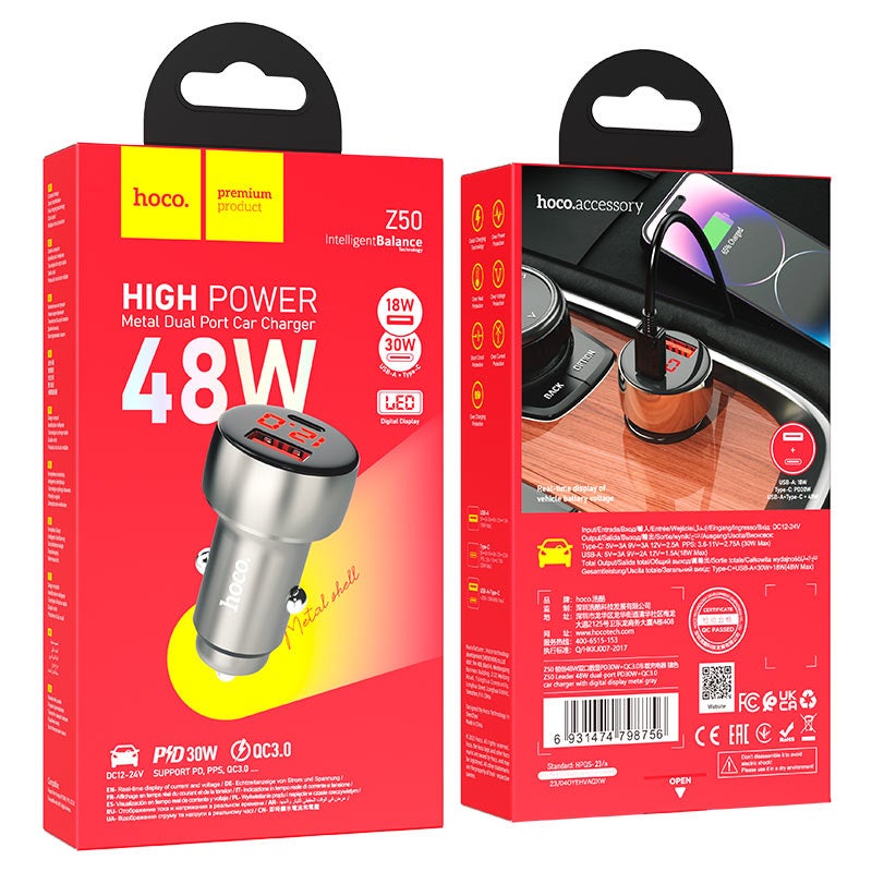 Hoco Z50 Leader 48W -autolaturi (USB-C + USB-A) harmaa